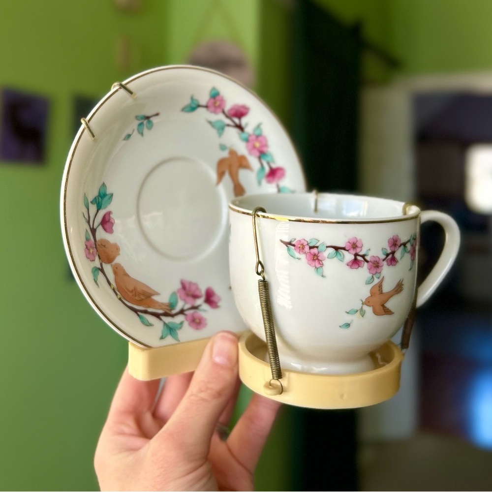 VTG Teleflora Standing Displayed Cottagecore Dainty Bird Plate & Mug Set Art - Picture 2 of 11